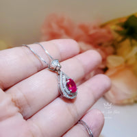 Ruby Necklace - Dainty Teardrop 925 Sterling Silver Ruby Jewelry - Tiny Halo Double Gemstone circle Red Gemstone Pendant #250