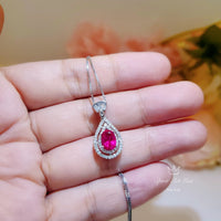 Ruby Necklace - Dainty Teardrop 925 Sterling Silver Ruby Jewelry - Tiny Halo Double Gemstone circle Red Gemstone Pendant #250