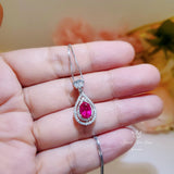 Ruby Necklace - Dainty Teardrop 925 Sterling Silver Ruby Jewelry - Tiny Halo Double Gemstone circle Red Gemstone Pendant #250