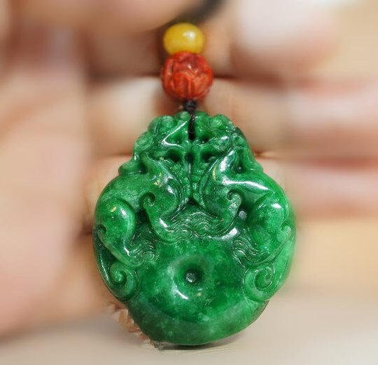 Green Jade Lion Pendant Necklace: Natural Emerald Jade Jewelry