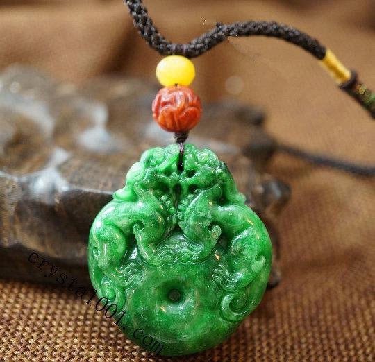 Green Jade Lion Pendant Necklace: Natural Emerald Jade Jewelry