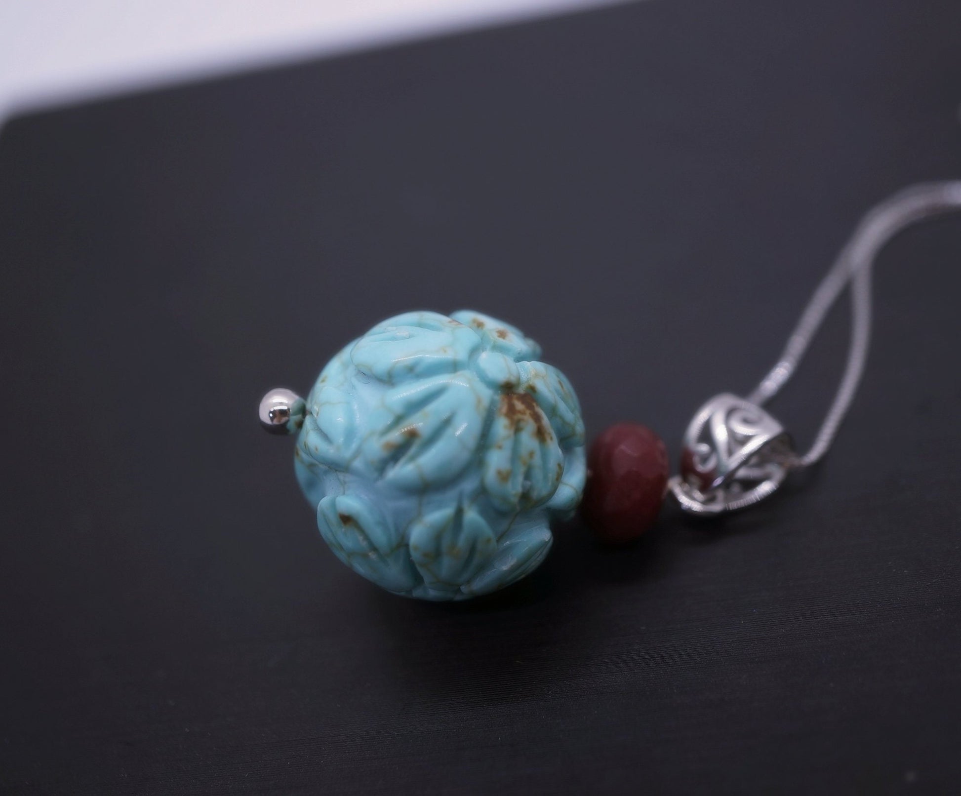 Large Turquoise Pendant: Sterling Silver Flower of Life Ruby Gemstone chunky stone jewelry #2005