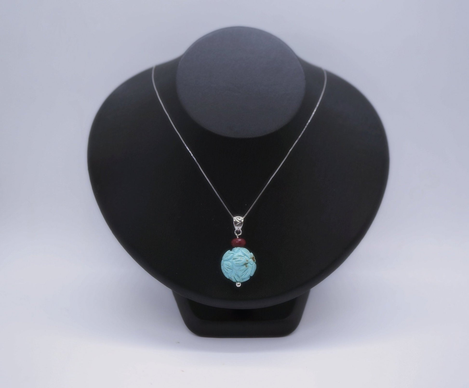 Large Turquoise Pendant: Sterling Silver Flower of Life Ruby Gemstone chunky stone jewelry #2005