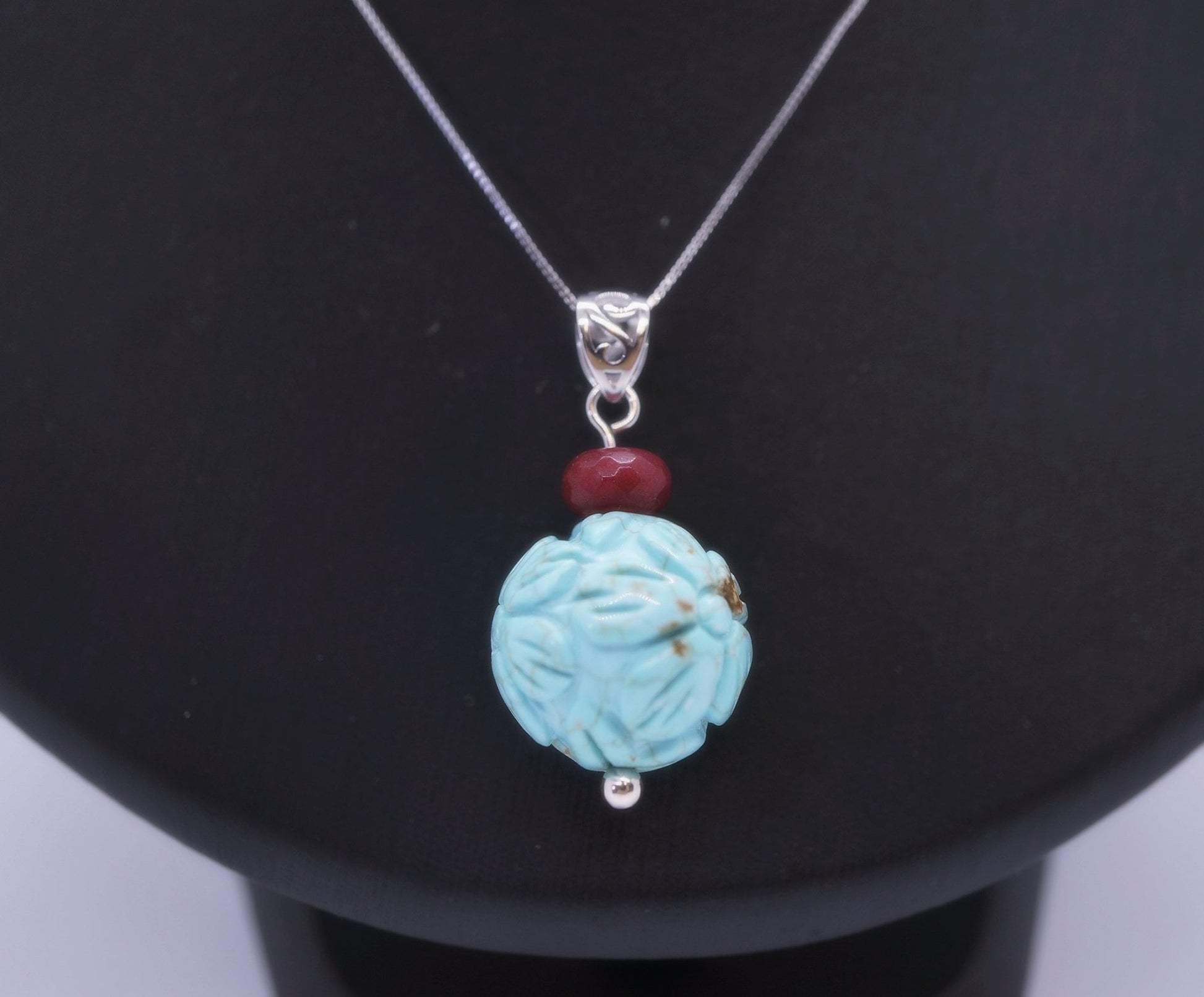 Large Turquoise Pendant: Sterling Silver Flower of Life Ruby Gemstone chunky stone jewelry #2005