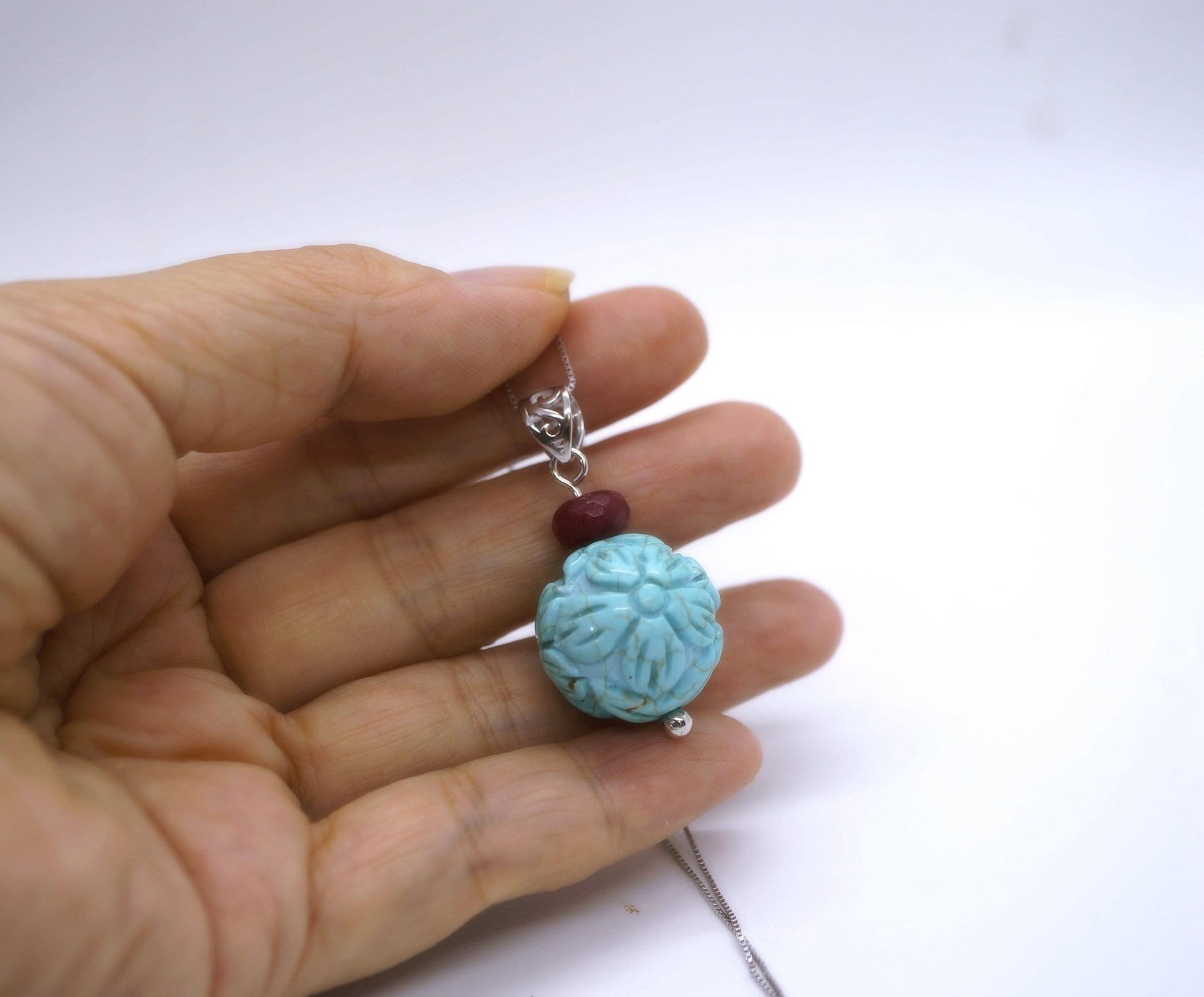 Large Turquoise Pendant: Sterling Silver Flower of Life Ruby Gemstone chunky stone jewelry #2005