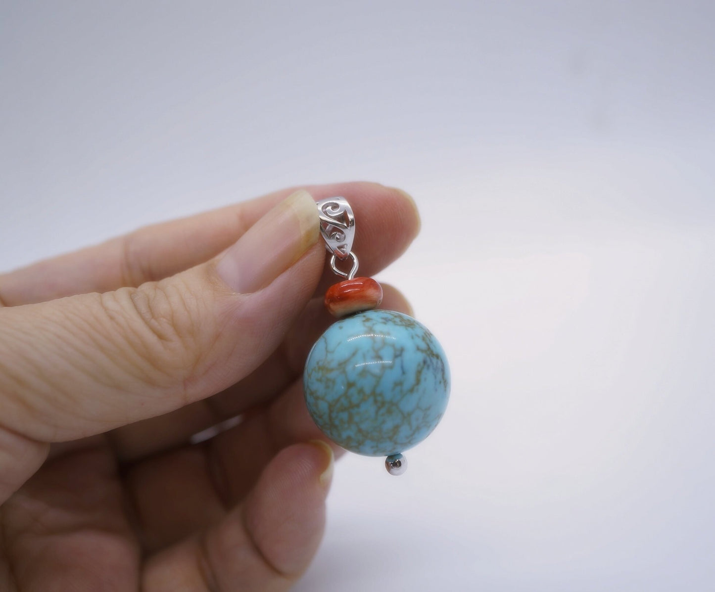 Sterling Silver Turquoise Pendant: Round Spiny Oyster Necklace chunky stone jewelry #2004