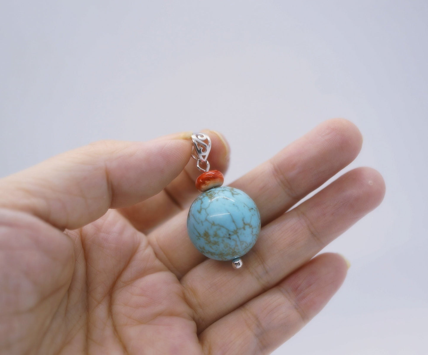 Sterling Silver Turquoise Pendant: Round Spiny Oyster Necklace chunky stone jewelry #2004