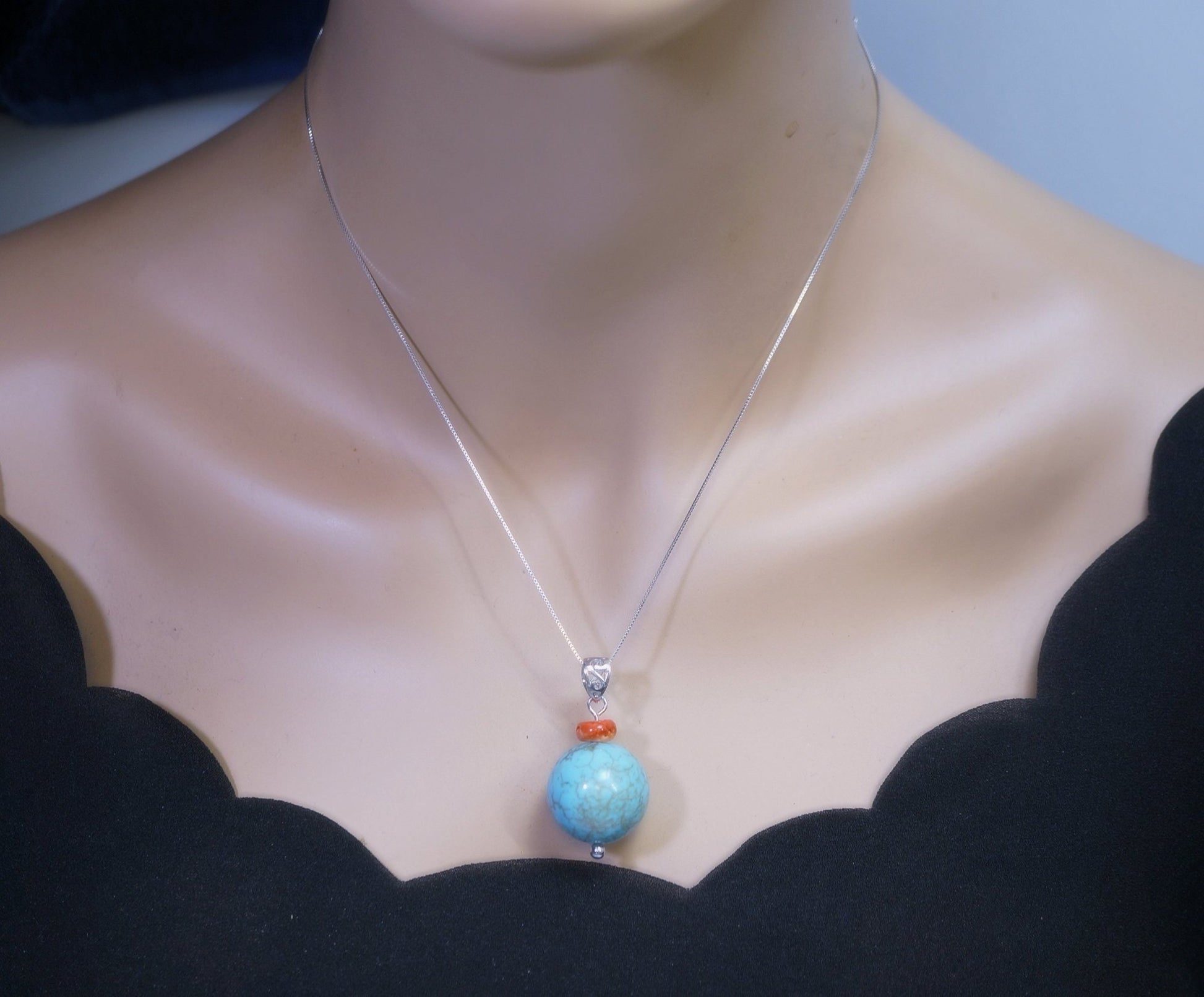 Sterling Silver Turquoise Pendant: Round Spiny Oyster Necklace chunky stone jewelry #2004