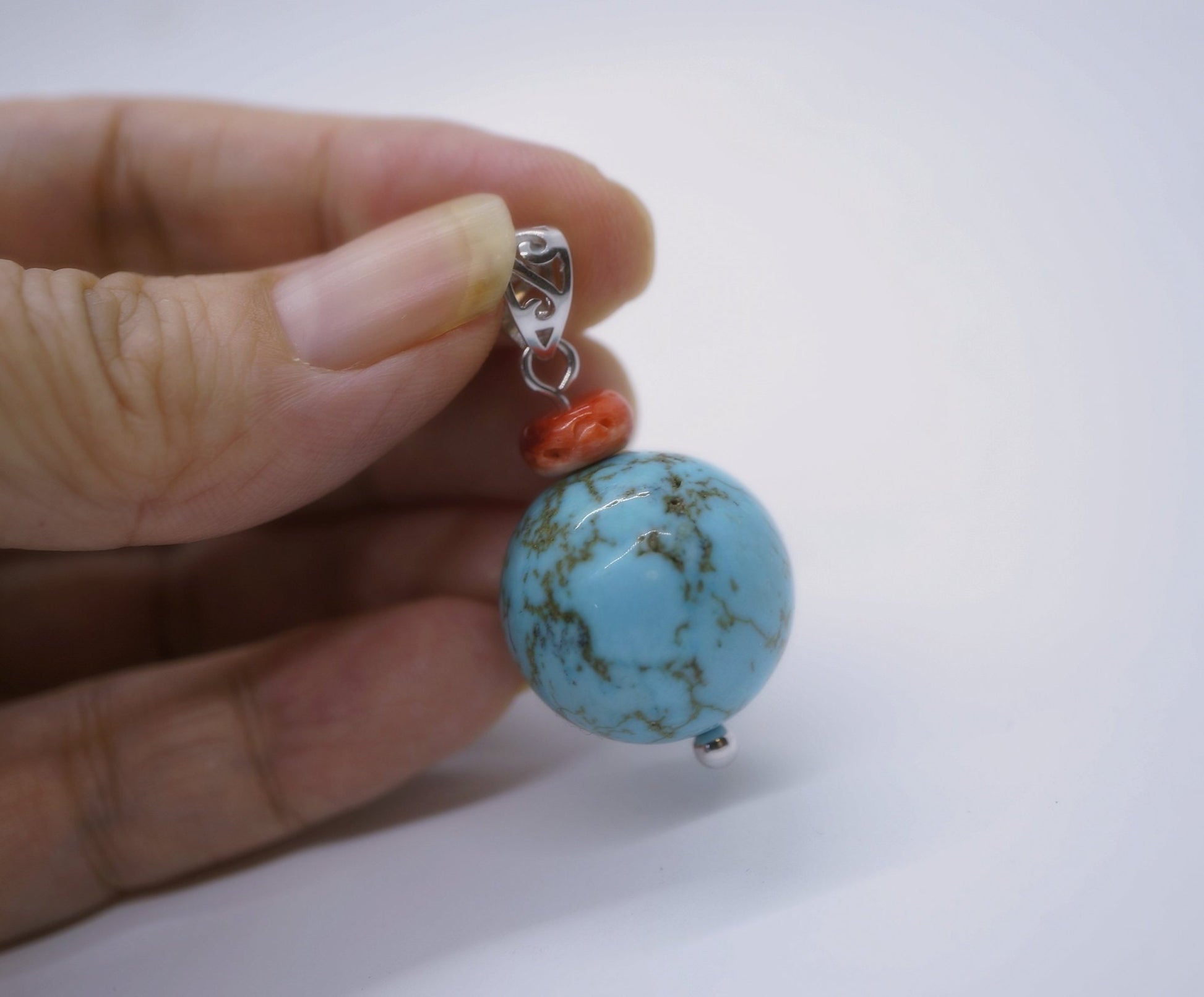 Sterling Silver Turquoise Pendant: Round Spiny Oyster Necklace chunky stone jewelry #2004