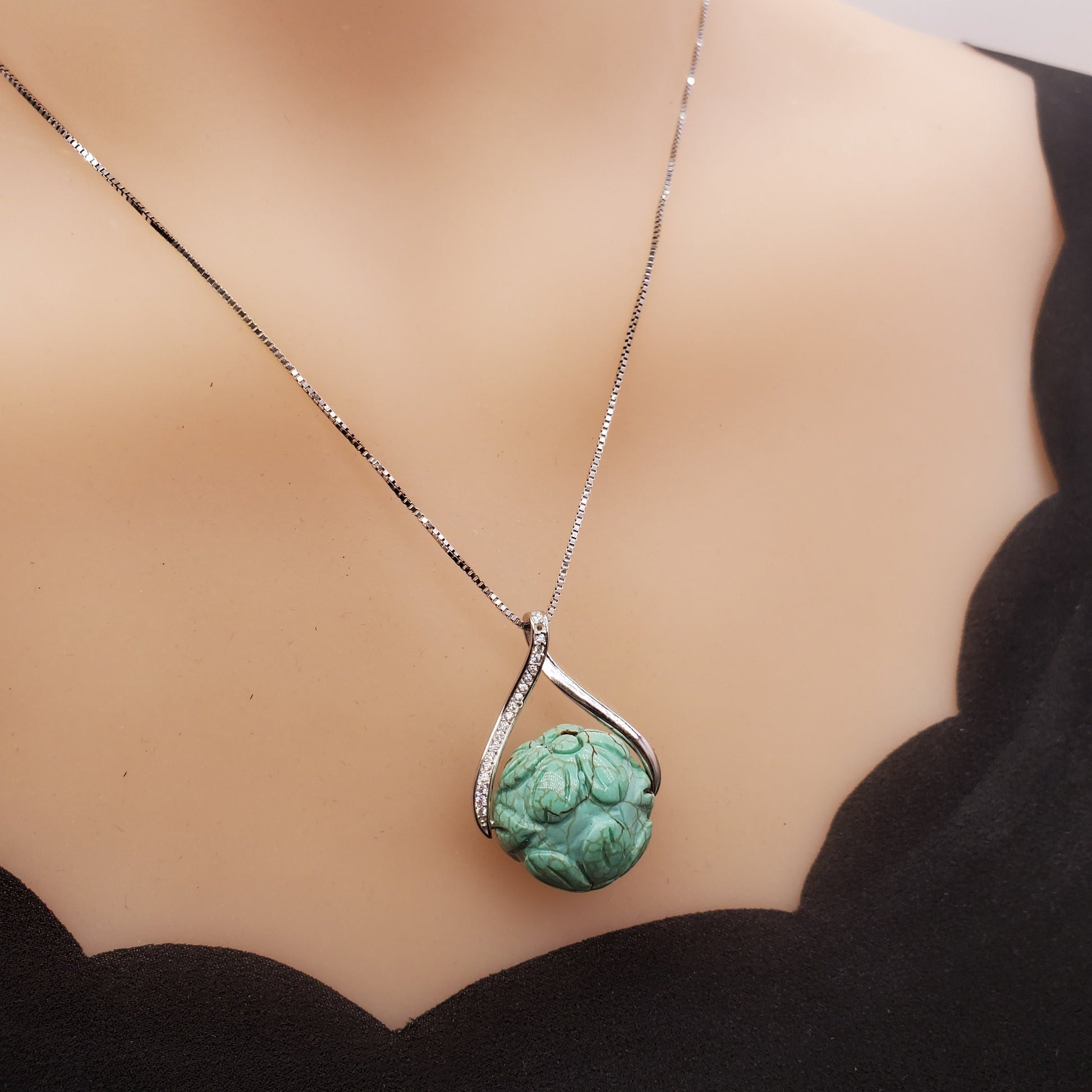 Lotus Turquoise 9#25 Sterling Silver Necklace: Artisan Design chunky stone jewelry #2439