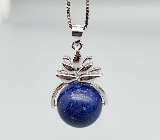 Lapis Lazuli Necklace, Sterling Silver Lotus Flower Jewelry Large Genuine Natural stone chunky stone jewelry #2374