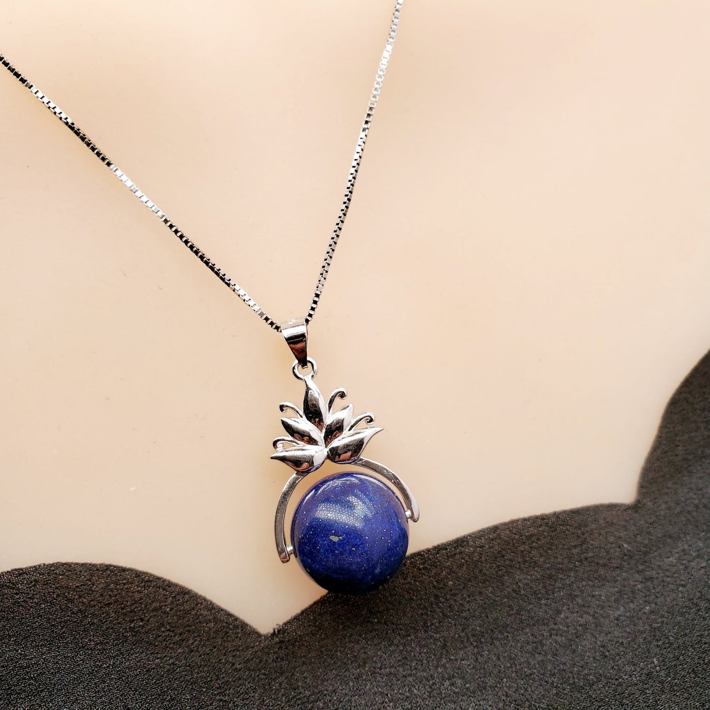 Lapis Lazuli Necklace, Sterling Silver Lotus Flower Jewelry Large Genuine Natural stone chunky stone jewelry #2374