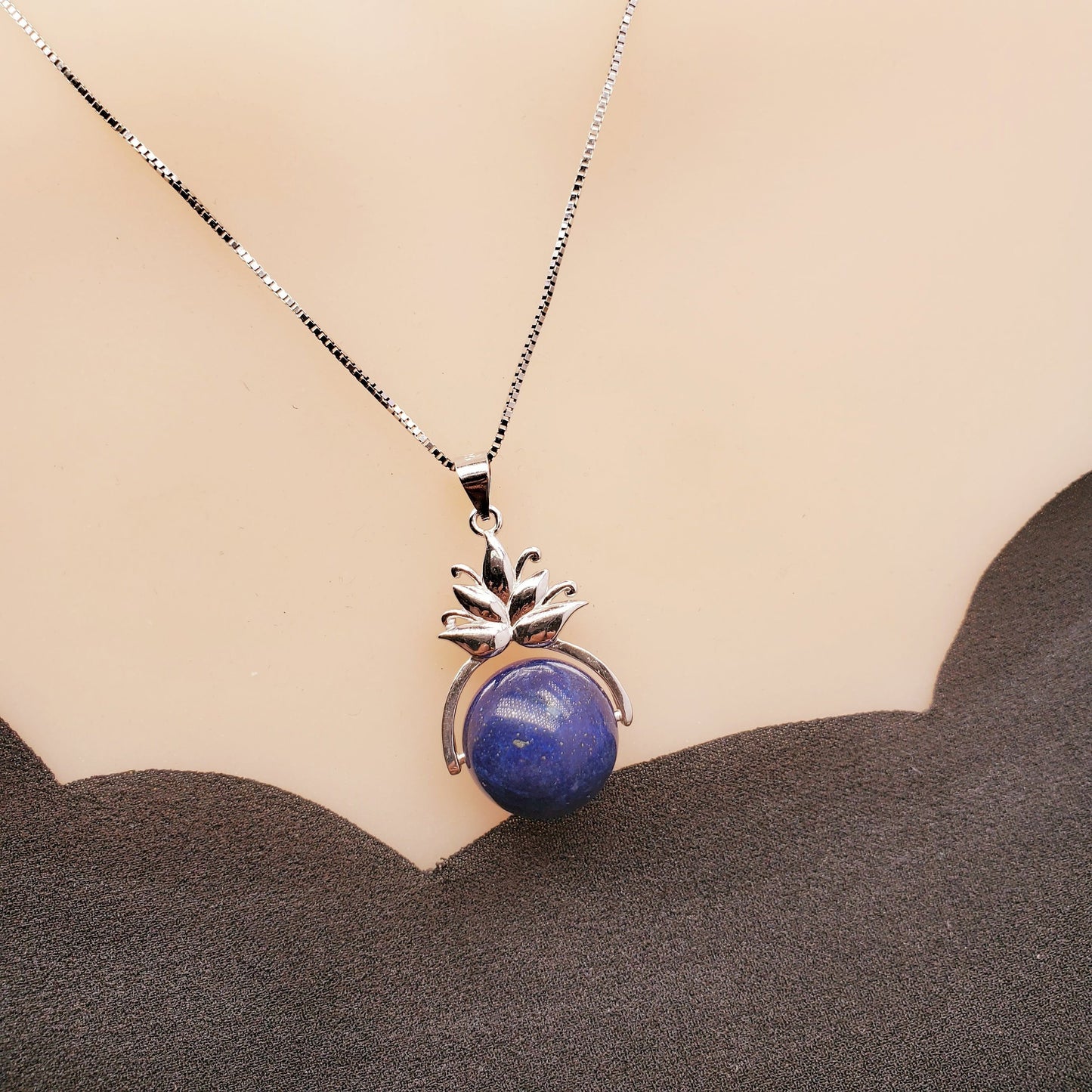 Lapis Lazuli Necklace, Sterling Silver Lotus Flower Jewelry Large Genuine Natural stone chunky stone jewelry #2374