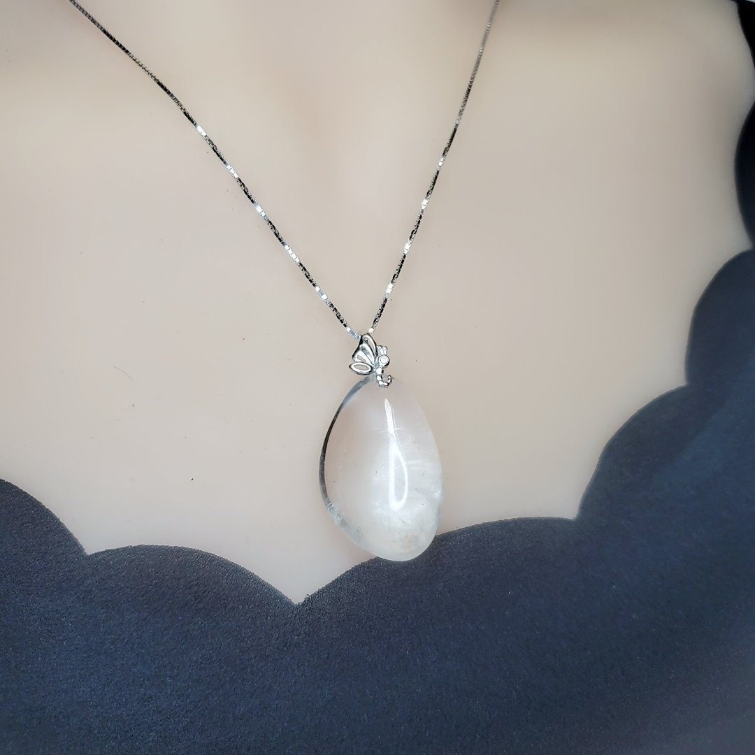 Clear Quartz Pendant Necklace: Chunky Sterling Silver Butterfly Jewelry chunky stone jewelry #2446