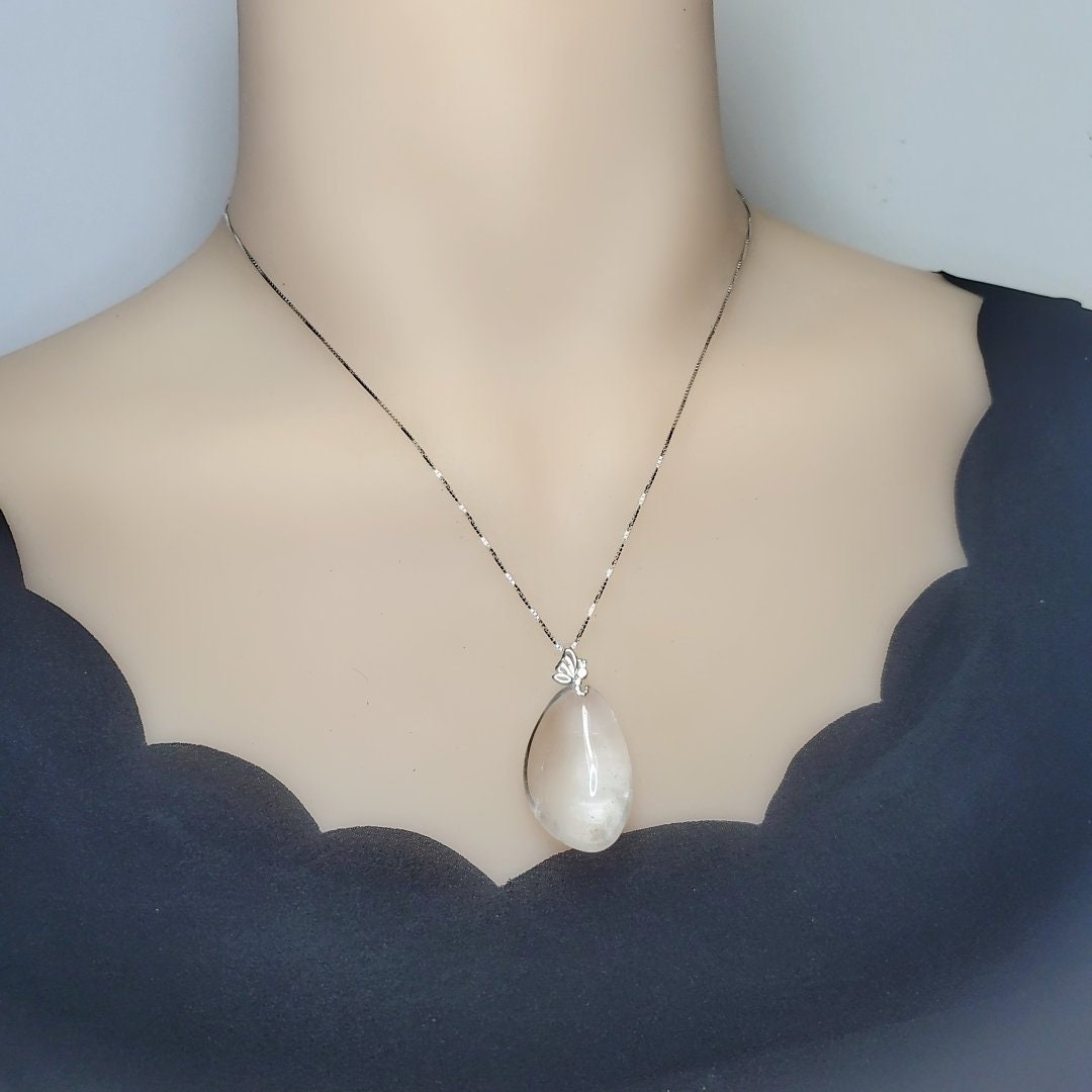 Clear Quartz Pendant Necklace: Chunky Sterling Silver Butterfly Jewelry chunky stone jewelry #2446