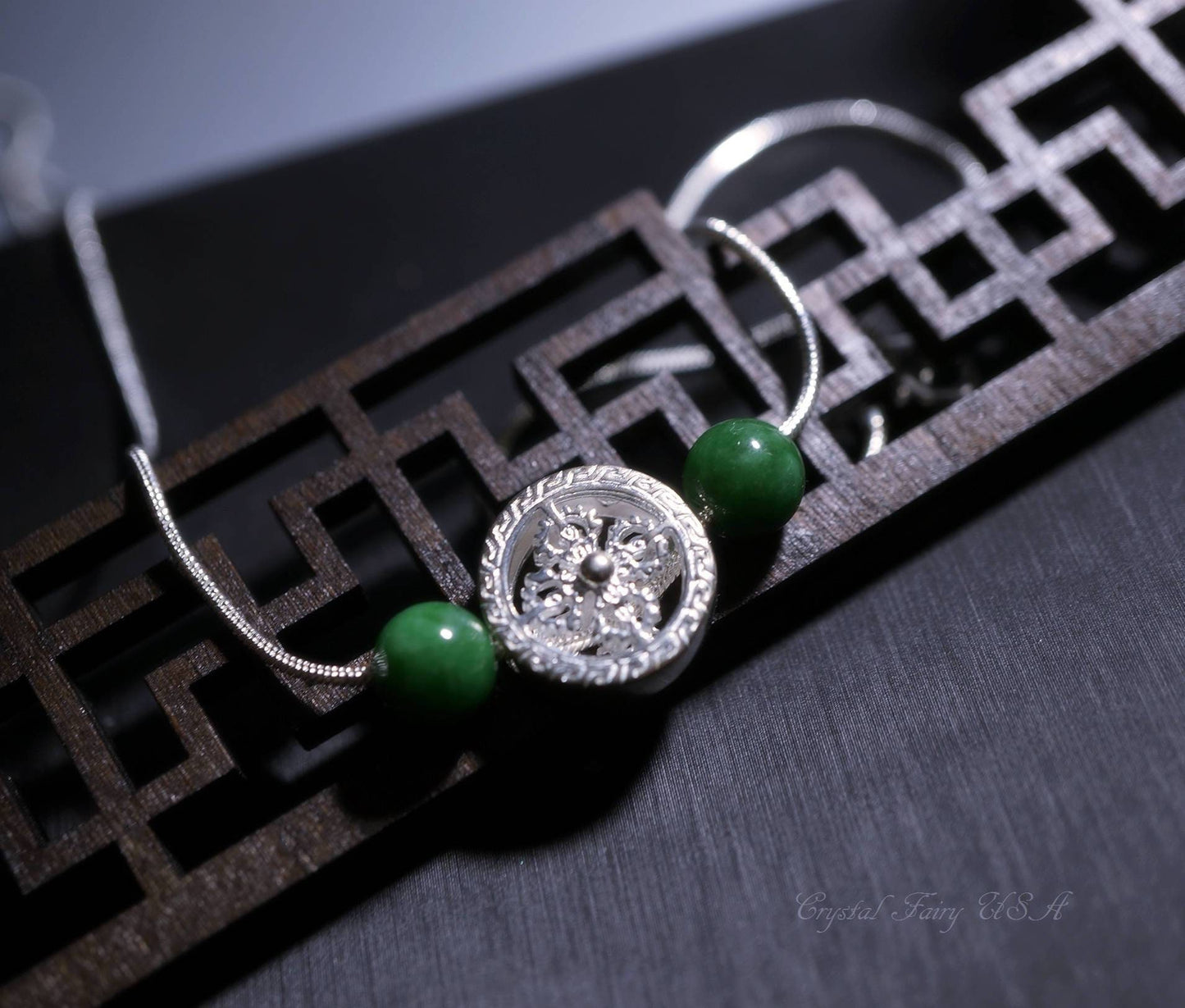 Emerald Jade Sterling Silver Necklace: Tibetan Amulet Jewelry chunky stone jewelry #2491