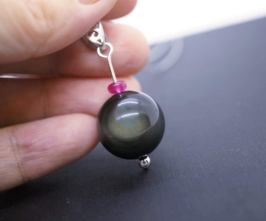 Obsidian Necklace, Large Rainbow Eye 16 mm Obsidian Pendant Full Sterling Silver Made chunky stone jewelry #2464