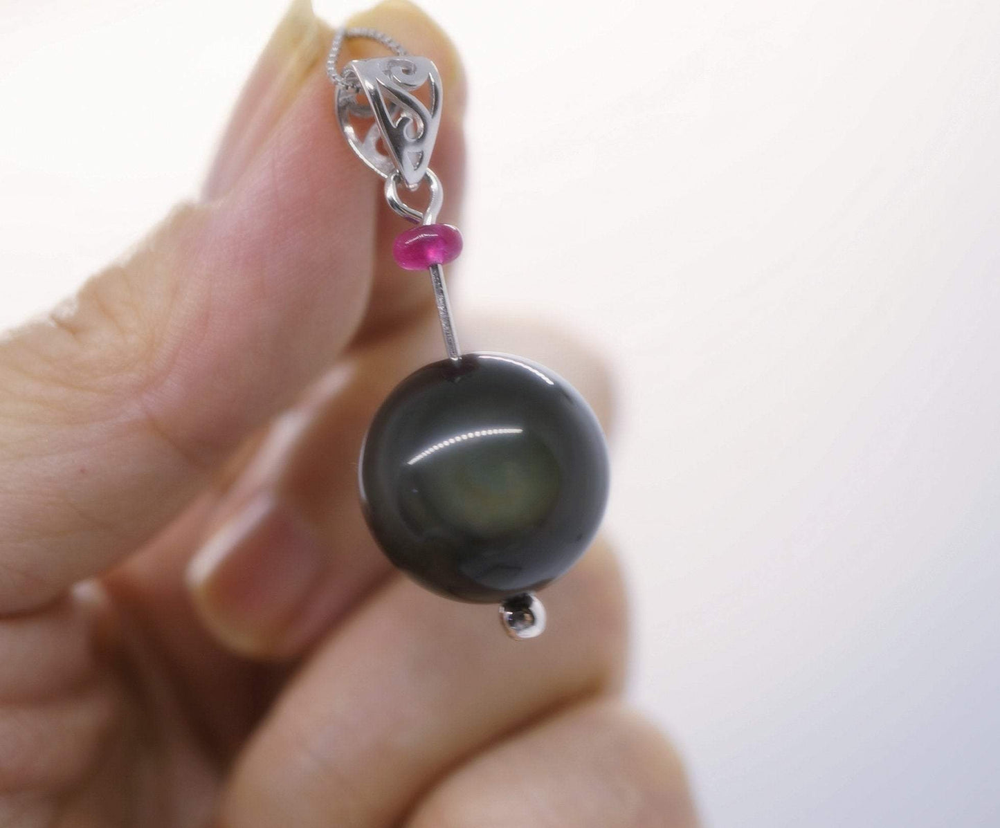 Obsidian Necklace, Large Rainbow Eye 16 mm Obsidian Pendant Full Sterling Silver Made chunky stone jewelry #2464