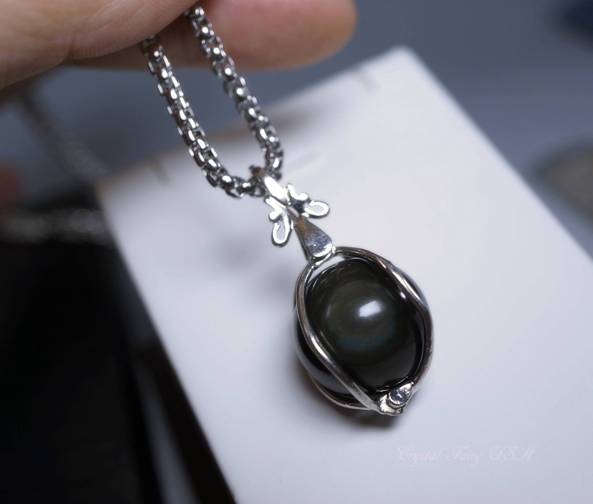 Large Rainbow Obsidian Necklace: Steel Bezel, Protective Gemstone chunky stone jewelry #2234