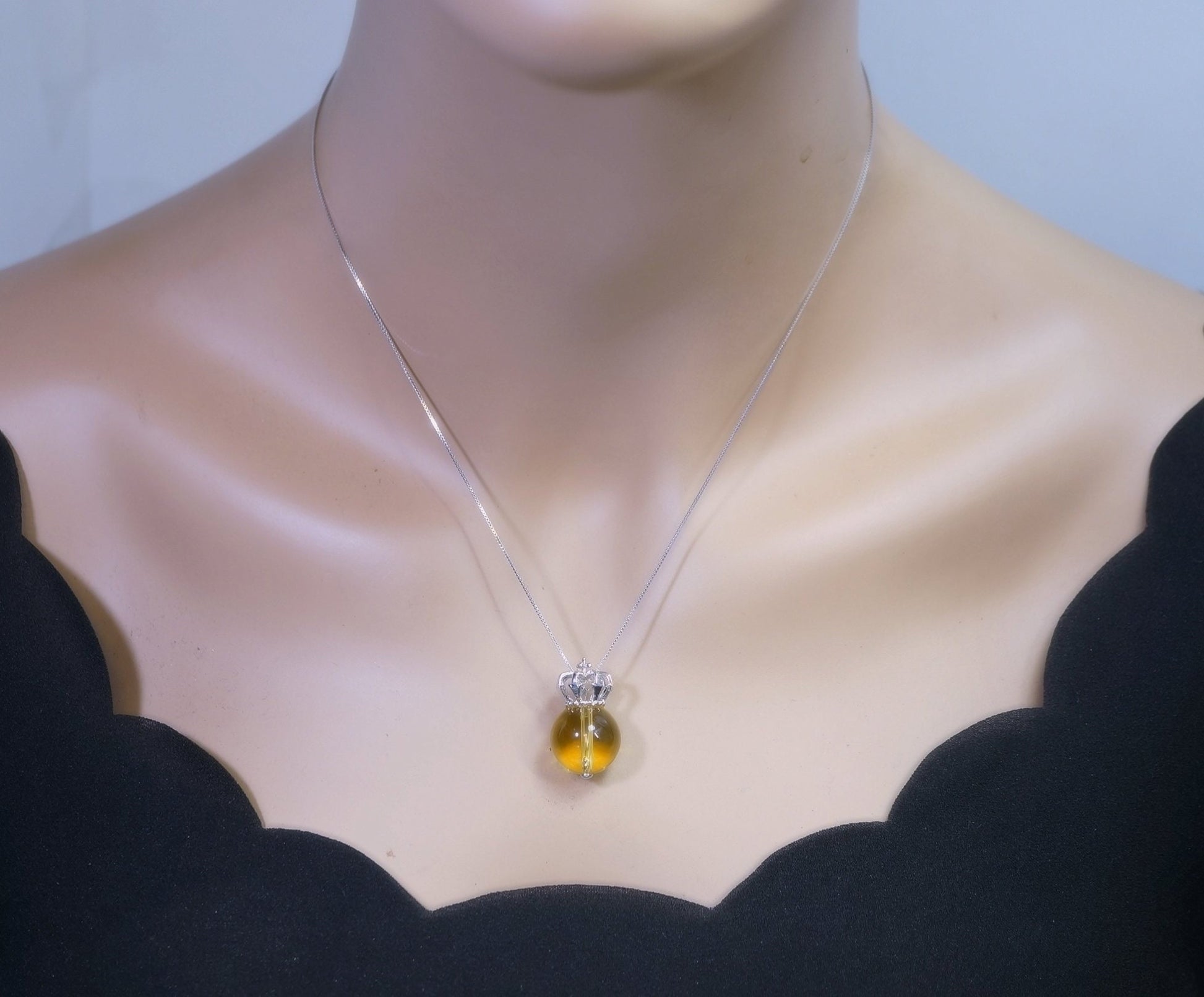 Citrine Necklace: Round Natural Gemstone, Sterling Silver Crown Pendant chunky stone jewelry #2462