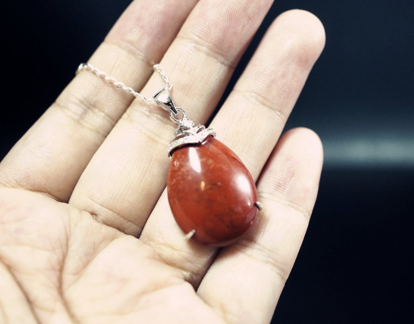 Red Jasper Teardrop Pendant: Sterling Silver Necklace, Root Chakra Healing chunky stone jewelry #2421