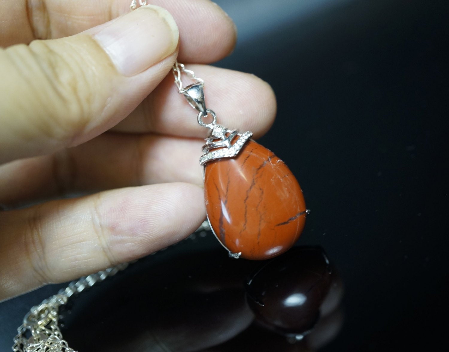 Red Jasper Teardrop Pendant: Sterling Silver Necklace, Root Chakra Healing chunky stone jewelry #2421