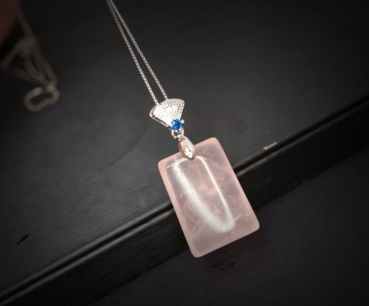 Natural Genuine Rose Quartz Necklace Sterling Silver Square Heart Chakra Healing chunky stone jewelry #2471
