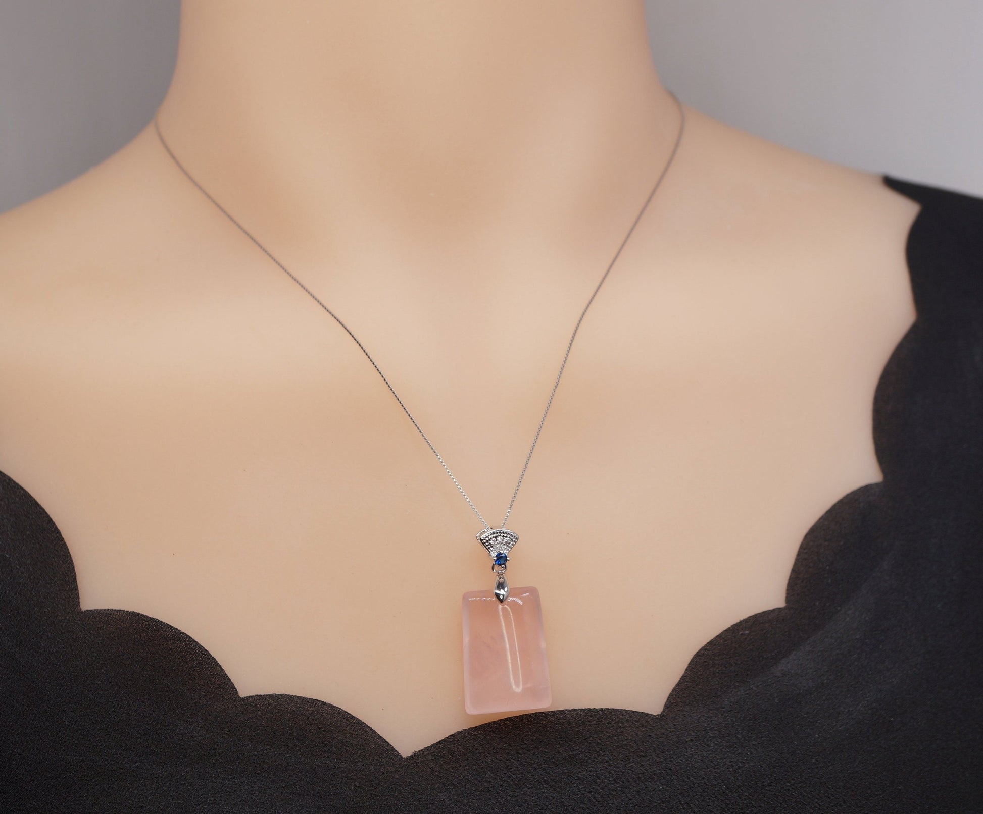 Natural Genuine Rose Quartz Necklace Sterling Silver Square Heart Chakra Healing chunky stone jewelry #2471