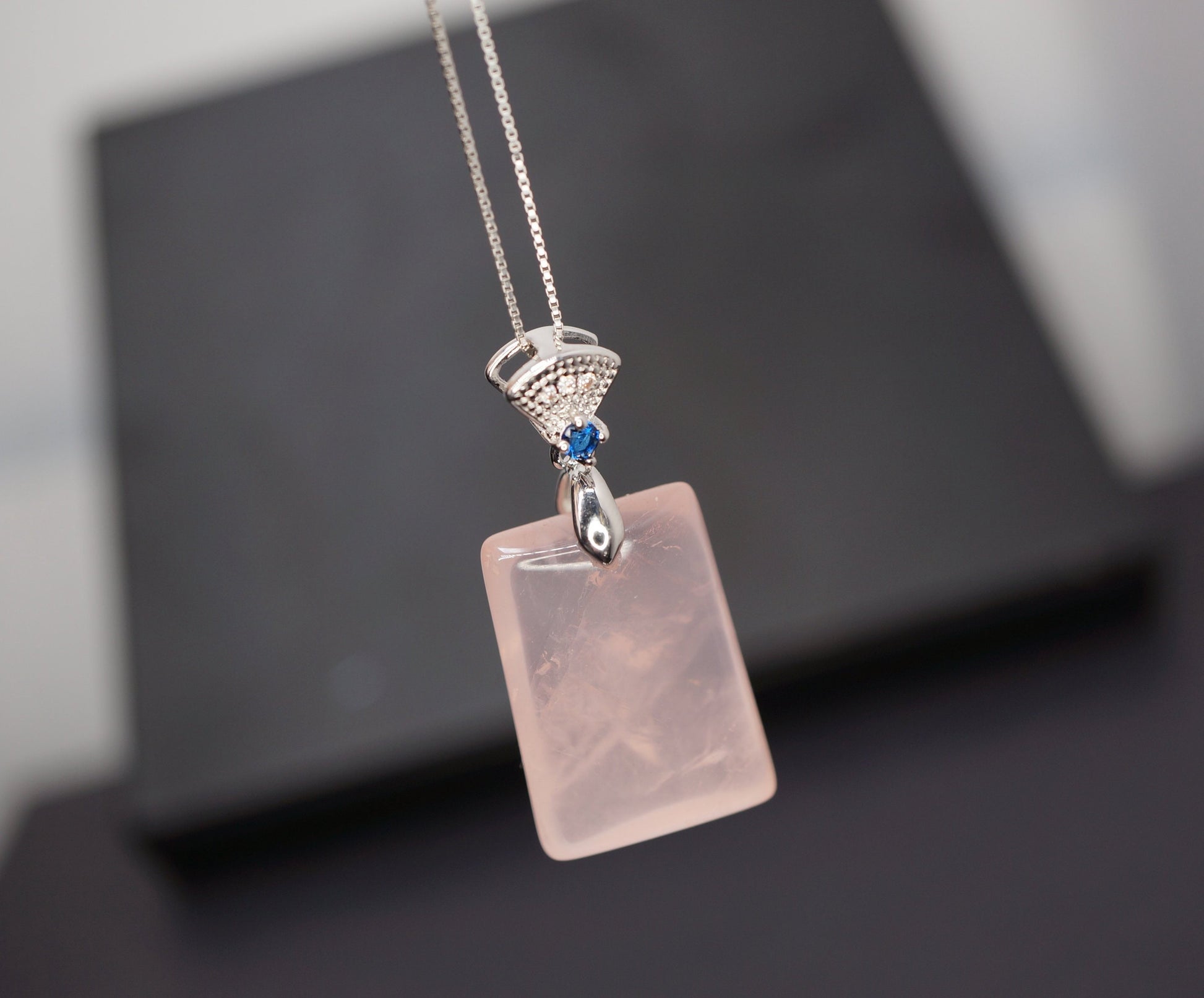 Natural Genuine Rose Quartz Necklace Sterling Silver Square Heart Chakra Healing chunky stone jewelry #2471