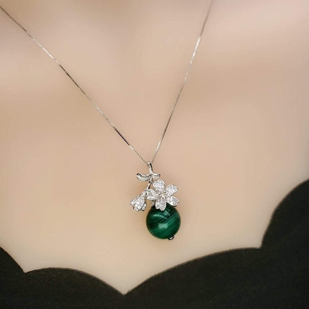 Malachite Necklace: Sterling Silver Diamond Cherry Blossom Pendant chunky stone jewelry #2293