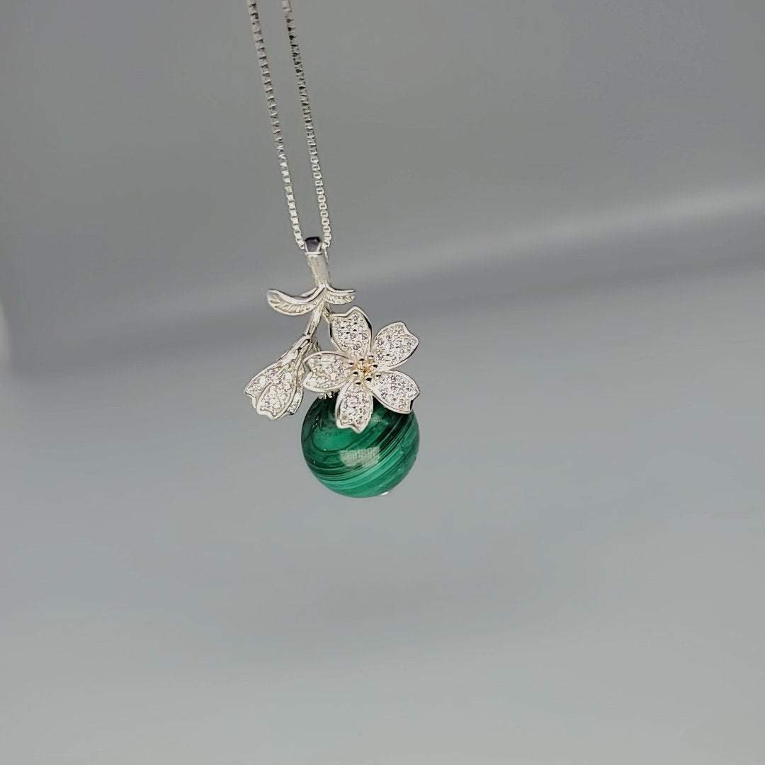 Malachite Necklace: Sterling Silver Diamond Cherry Blossom Pendant chunky stone jewelry #2293