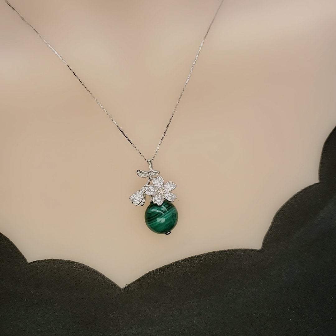 Malachite Necklace: Sterling Silver Diamond Cherry Blossom Pendant chunky stone jewelry #2293