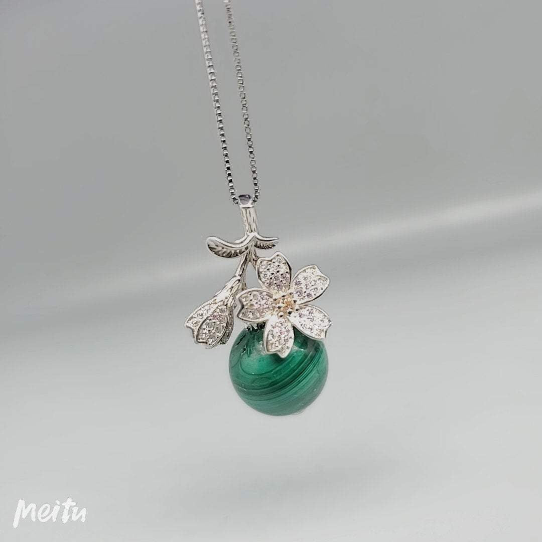 Malachite Necklace: Sterling Silver Diamond Cherry Blossom Pendant chunky stone jewelry #2293