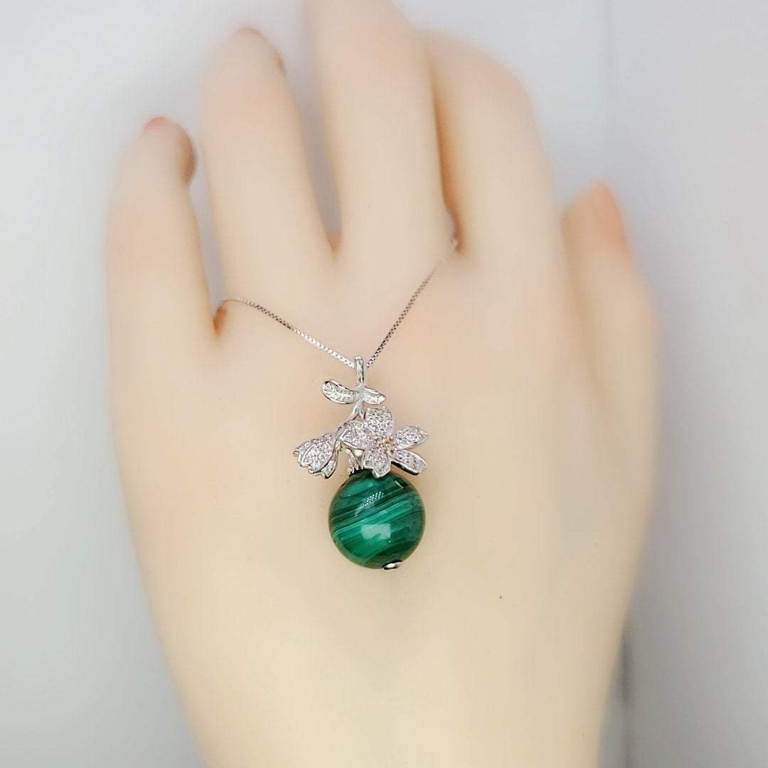 Malachite Necklace: Sterling Silver Diamond Cherry Blossom Pendant chunky stone jewelry #2293