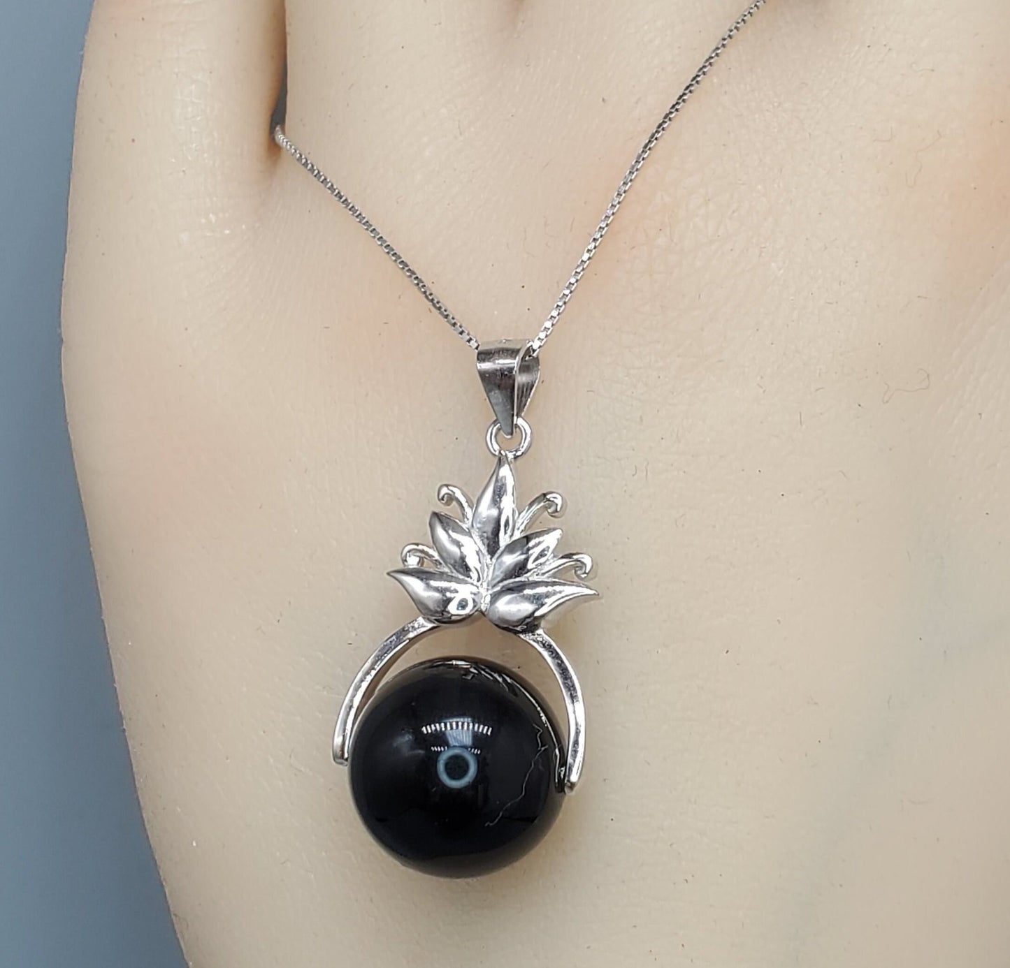 Obsidian Lotus Flower Necklace: Sterling Silver Rainbow Eye Pendant chunky stone jewelry #2502