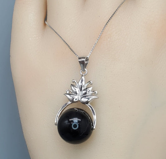 Obsidian Lotus Flower Necklace: Sterling Silver Rainbow Eye Pendant chunky stone jewelry #2502