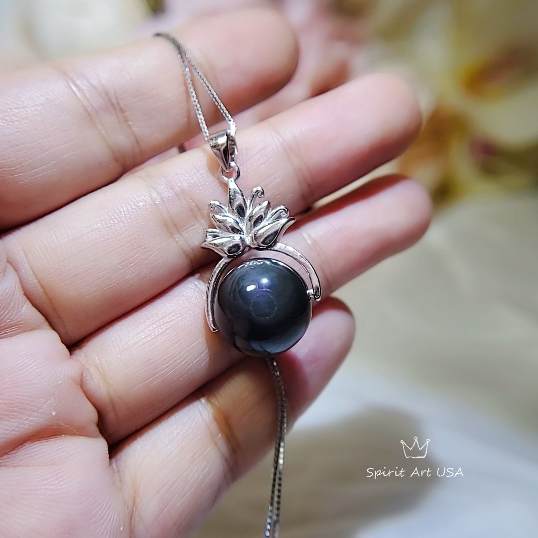 Obsidian Lotus Flower Necklace: Sterling Silver Rainbow Eye Pendant chunky stone jewelry #2502
