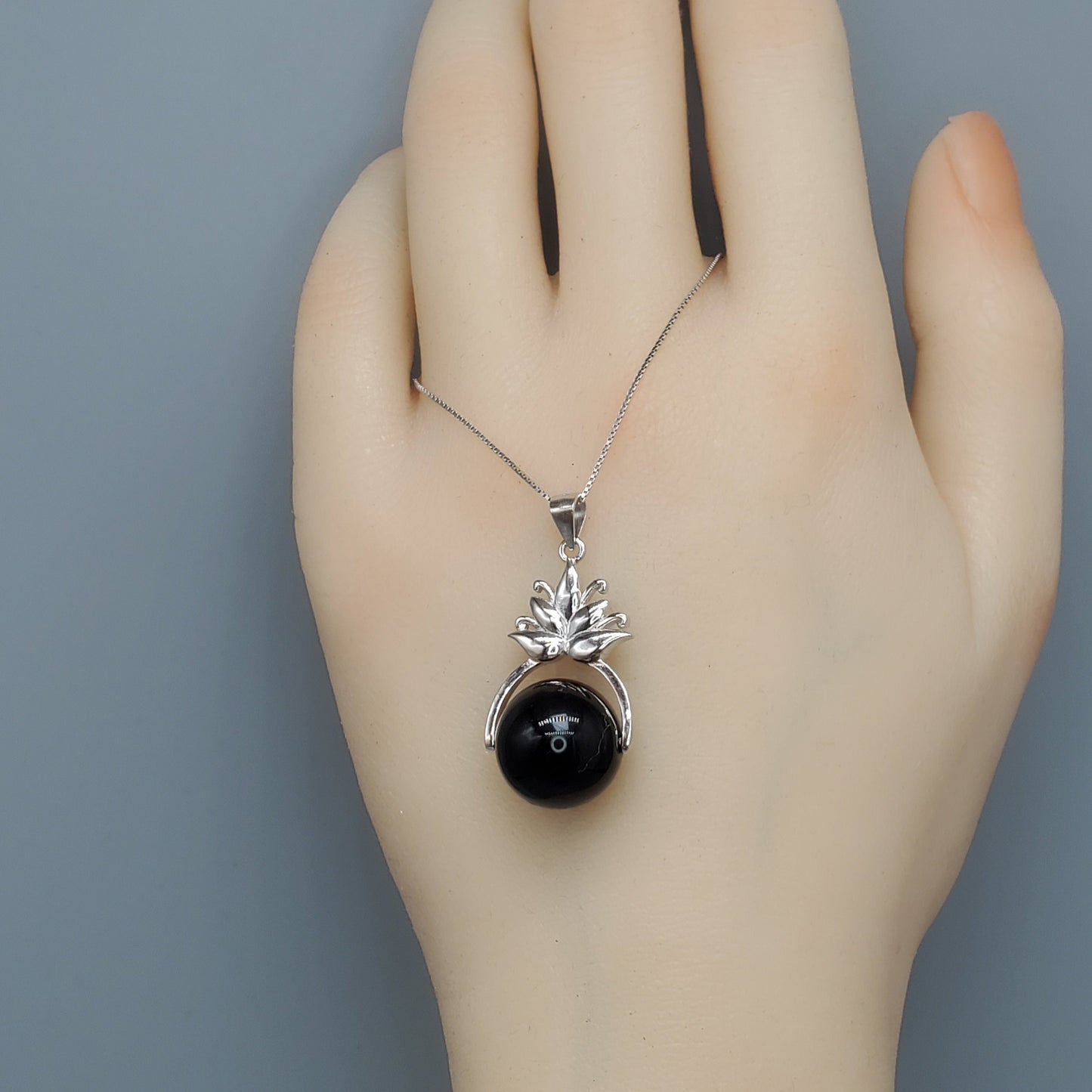 Obsidian Lotus Flower Necklace: Sterling Silver Rainbow Eye Pendant chunky stone jewelry #2502
