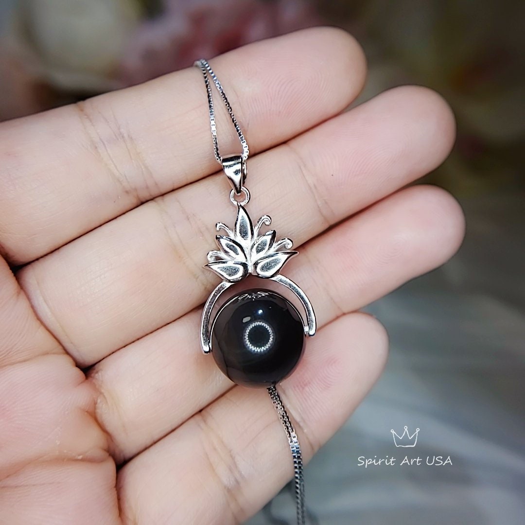 Obsidian Lotus Flower Necklace: Sterling Silver Rainbow Eye Pendant chunky stone jewelry #2502