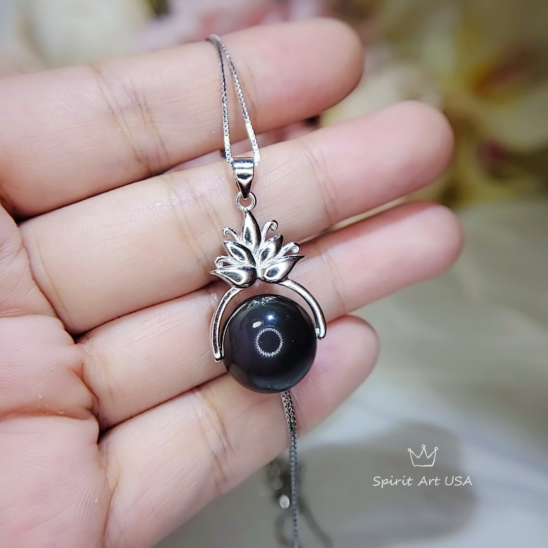 Obsidian Lotus Flower Necklace: Sterling Silver Rainbow Eye Pendant chunky stone jewelry #2502