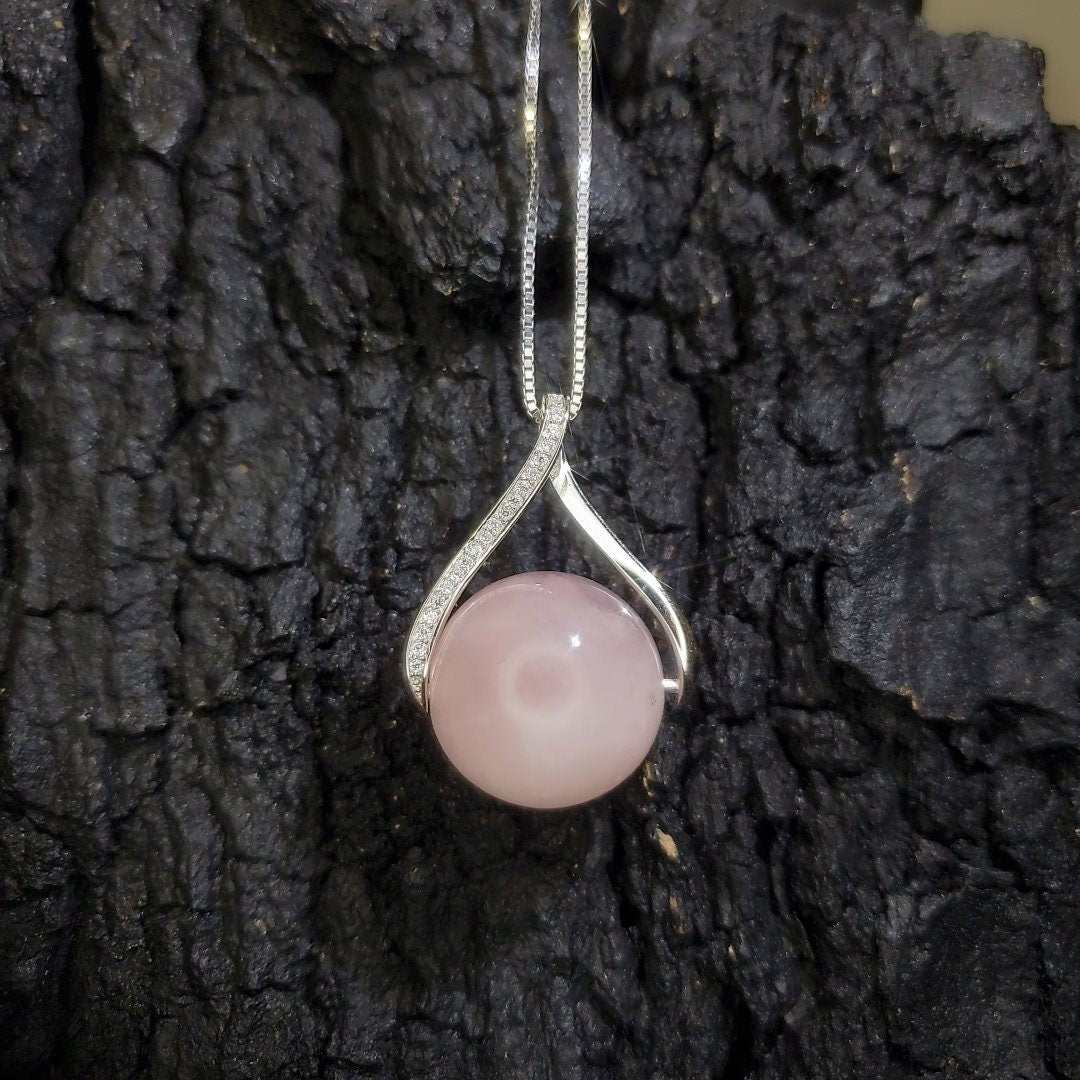 Large Rose Quartz Necklace: Sterling Silver Round Pendant chunky stone jewelry #2431