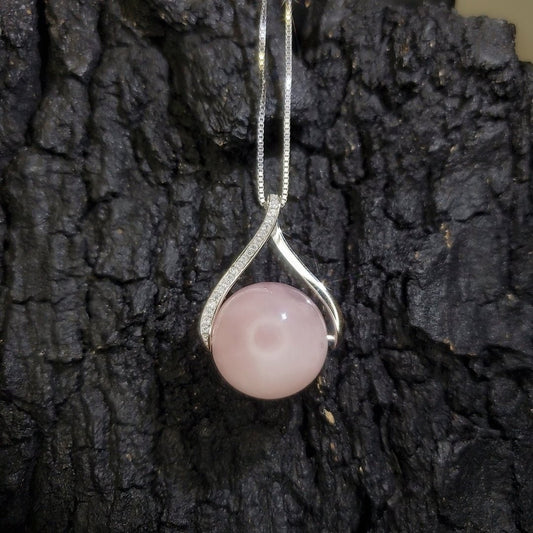Large Rose Quartz Necklace: Sterling Silver Round Pendant chunky stone jewelry #2431