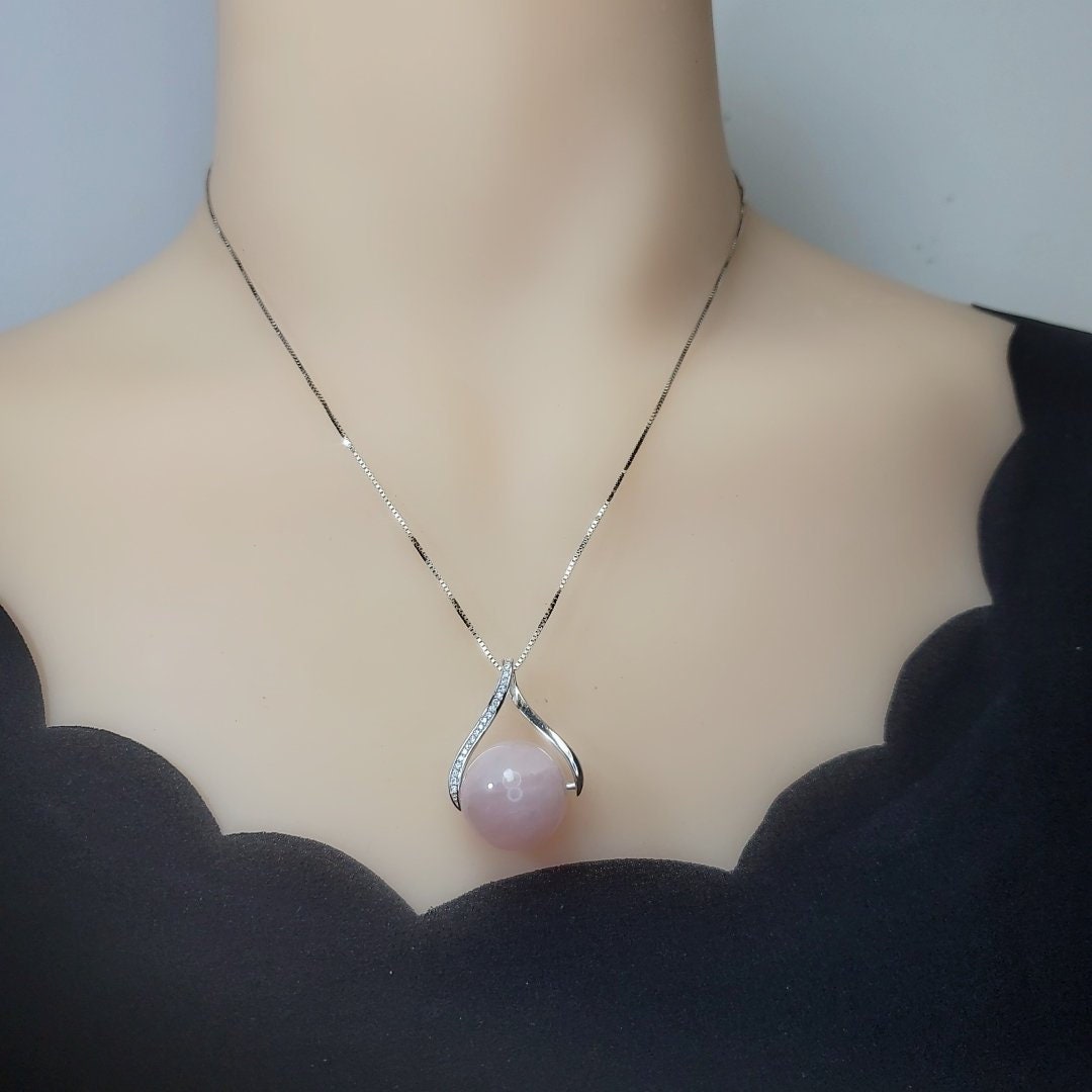 Large Rose Quartz Necklace: Sterling Silver Round Pendant chunky stone jewelry #2431