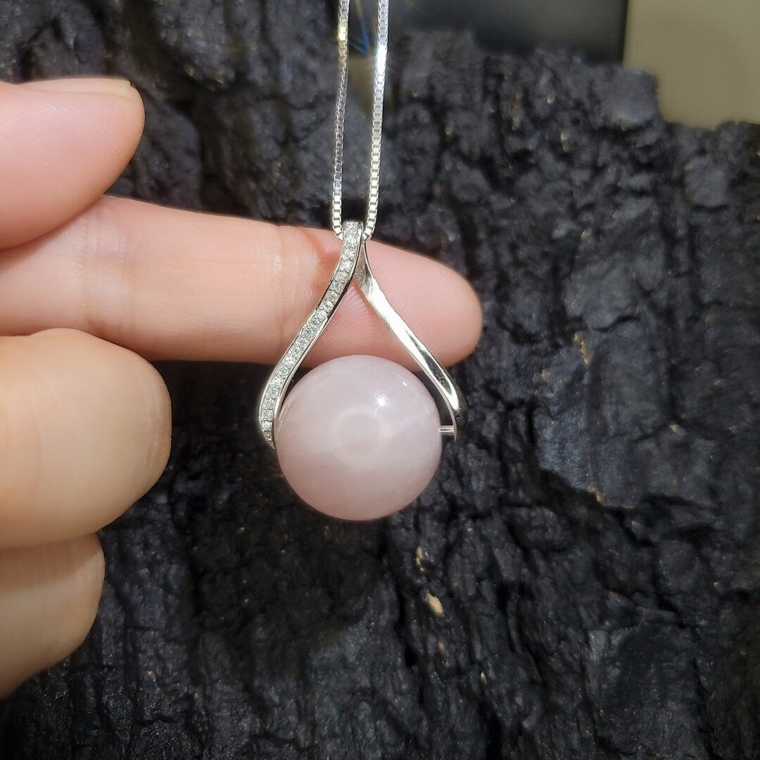 Large Rose Quartz Necklace: Sterling Silver Round Pendant chunky stone jewelry #2431