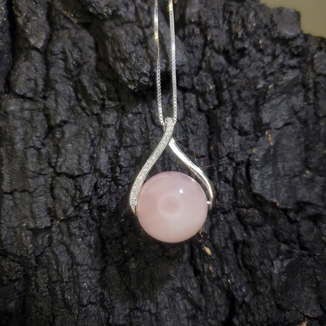 Large Rose Quartz Necklace: Sterling Silver Round Pendant chunky stone jewelry #2431