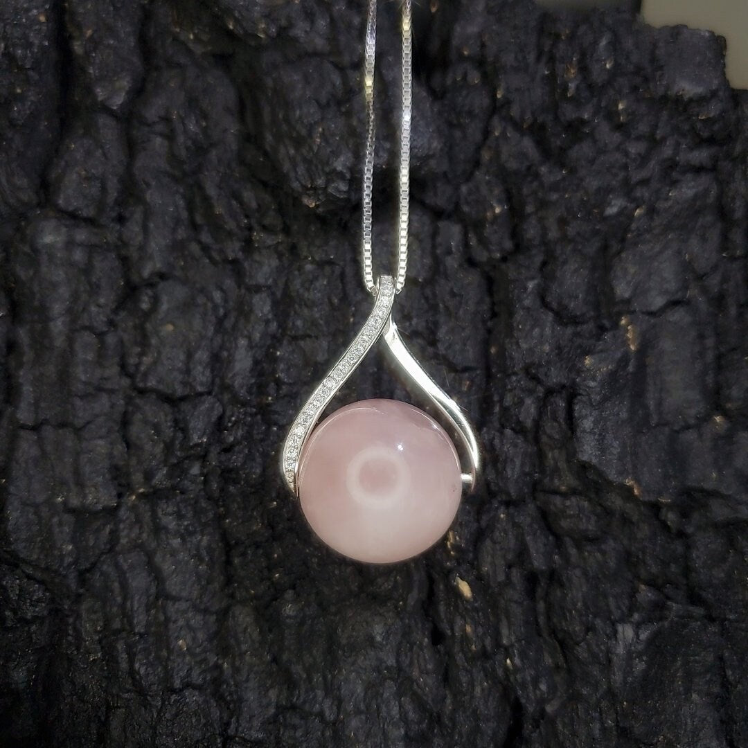 Large Rose Quartz Necklace: Sterling Silver Round Pendant chunky stone jewelry #2431