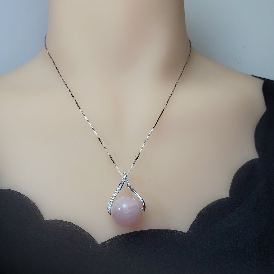 Large Rose Quartz Necklace: Sterling Silver Round Pendant chunky stone jewelry #2431