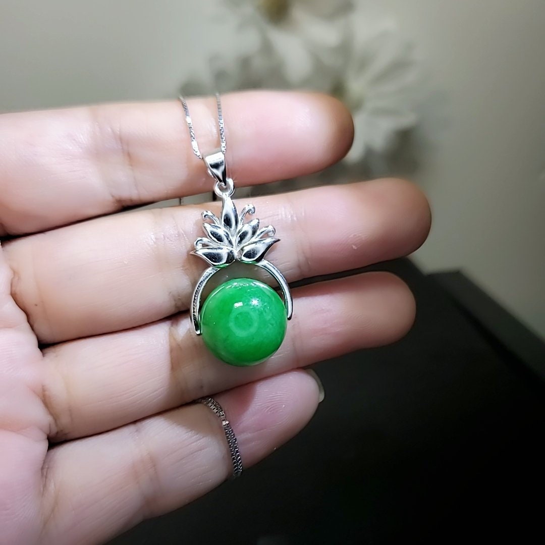 Emerald Jade Pendant Necklace: Sterling Silver Lotus Flower, Handmade chunky stone jewelry #2018