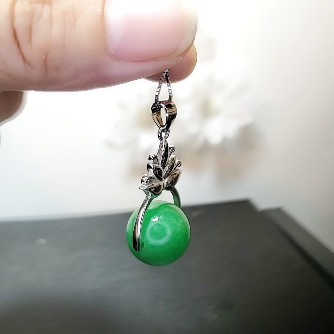 Emerald Jade Pendant Necklace: Sterling Silver Lotus Flower, Handmade chunky stone jewelry #2018
