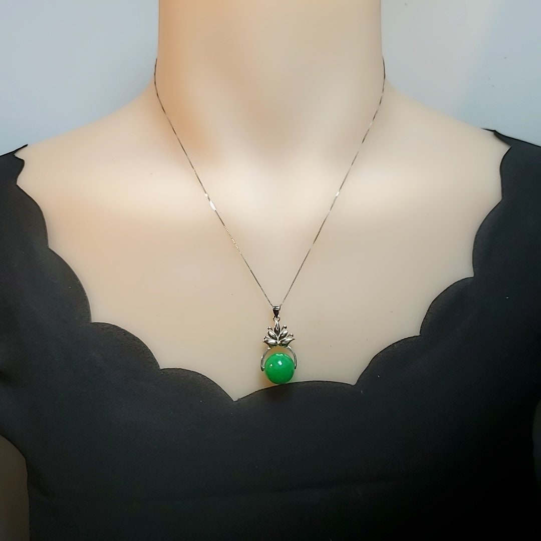 Emerald Jade Pendant Necklace: Sterling Silver Lotus Flower, Handmade chunky stone jewelry #2018